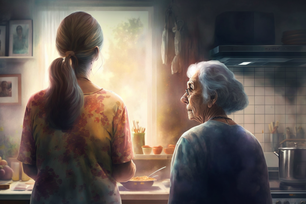 Caretaker cooking for woman with dementia