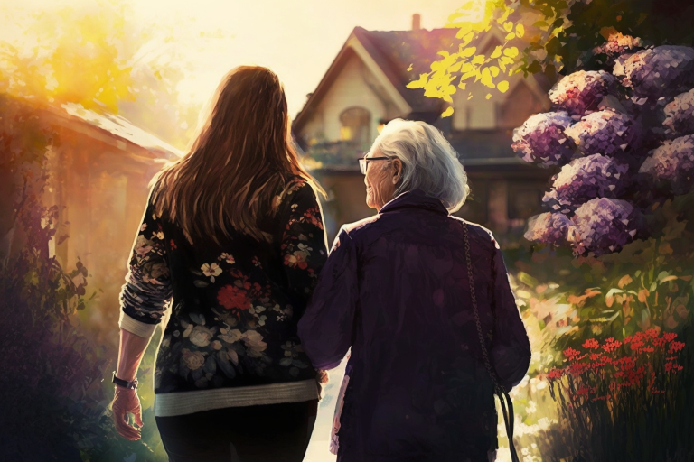 Caretaker walking with woman with dementia