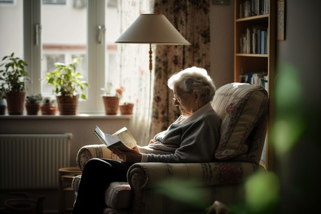 Elderly woman with dementia reading in her living room