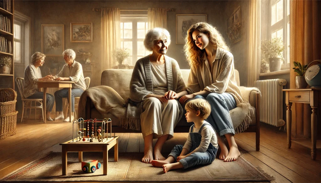 70 year-old woman with dementia being visited by family