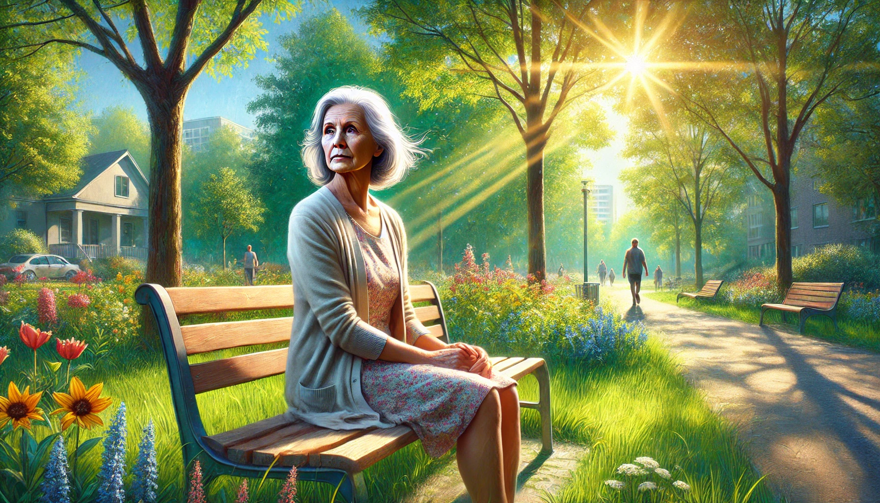 dementia stare by woman sitting on a bench