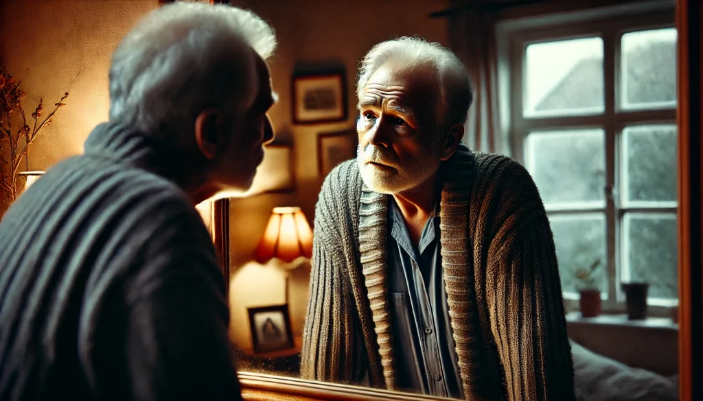 older man with dementia talking to himself in the mirror