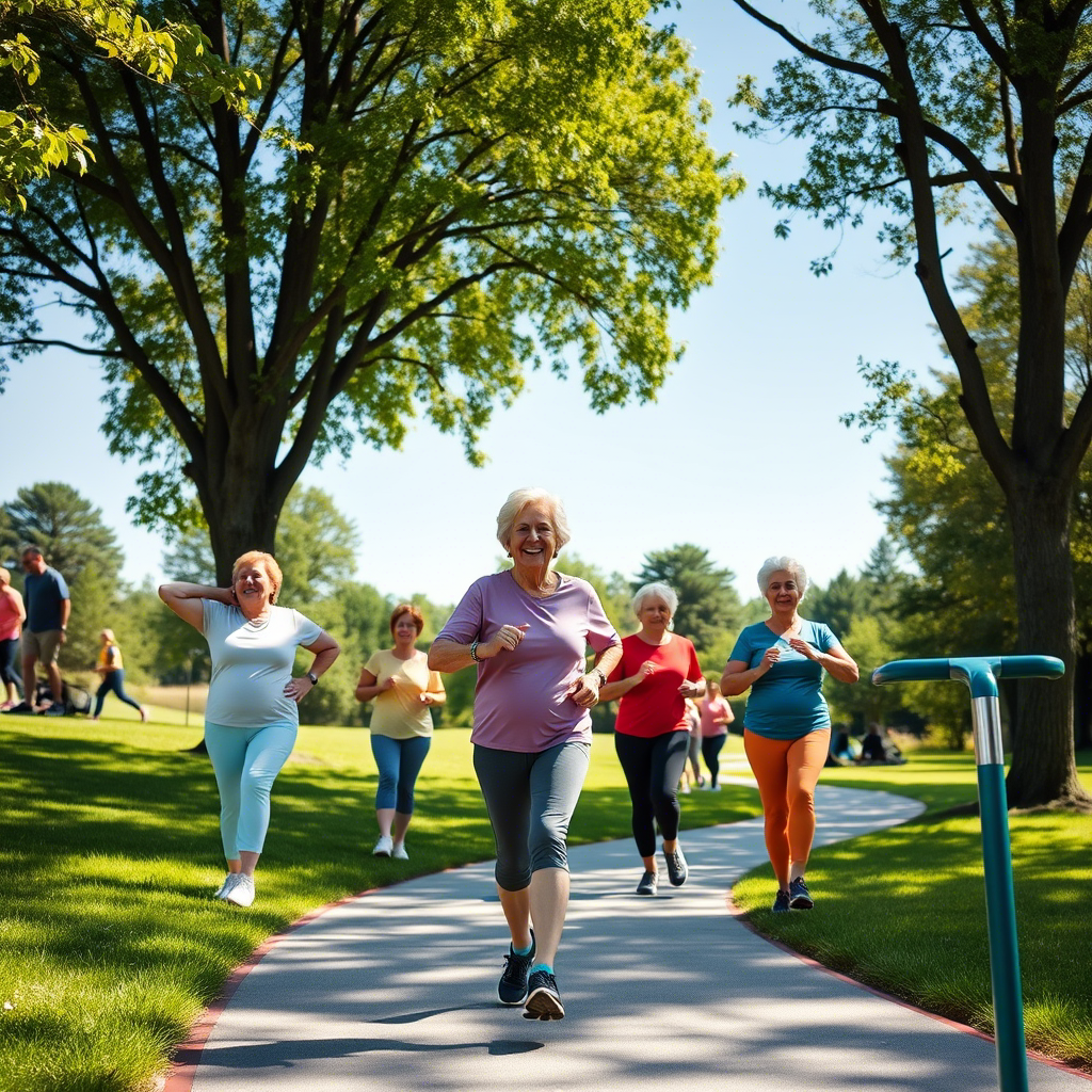 Senior ladies exercising outdoors on sunny day