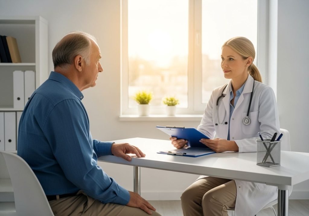 70 year-old man at doctor's office for dementia diagnosis