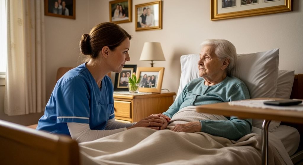 dementia caregiver talking kindly to patient
