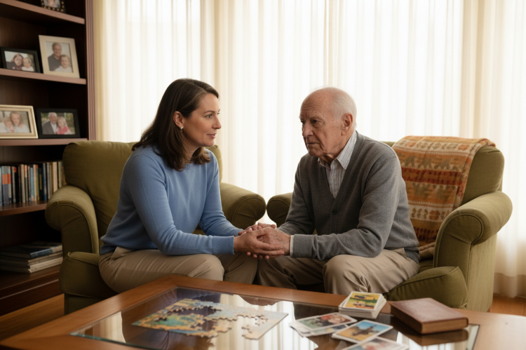 A warm, inviting room serves as the backdrop, featuring soft, natural lighting that filters through sheer curtains, creating a calm and supportive atmosphere. In the foreground, a caregiver, dressed in modest casual clothing, gently engages with an elderly man exhibiting mild signs of confusion related to dementia. The caregiver's expression is empathetic and patient, illustrating a compassionate approach to managing behavior. On a nearby coffee table, tools for cognitive engagement, such as a puzzle and memory cards, are strategically placed, emphasizing practical strategies. The middle ground includes cozy furnishings, like an armchair and family photos, enhancing the feeling of comfort and familiarity. The overall mood is one of understanding and support, highlighting the importance of compassion in managing dementia behaviors.
