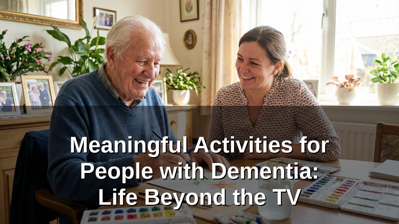 An elderly woman with dementia engaged in a meaningful activity with her caregiver, smiling and focused