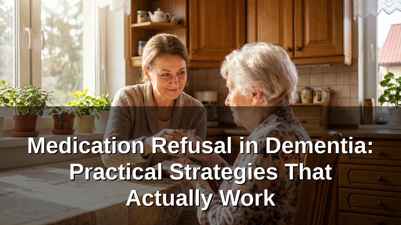 A caregiver calmly offering medication to an elderly woman with dementia in a bright kitchen setting