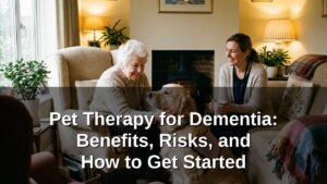 A therapy dog wearing a vest being gently petted by an elderly person with dementia in a care setting