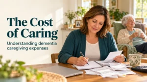 AI-generated illustration of a caregiver reviewing receipts at a kitchen table while an older adult relaxes nearby, with the text “The Cost of Caring: Understanding dementia caregiving expenses.”