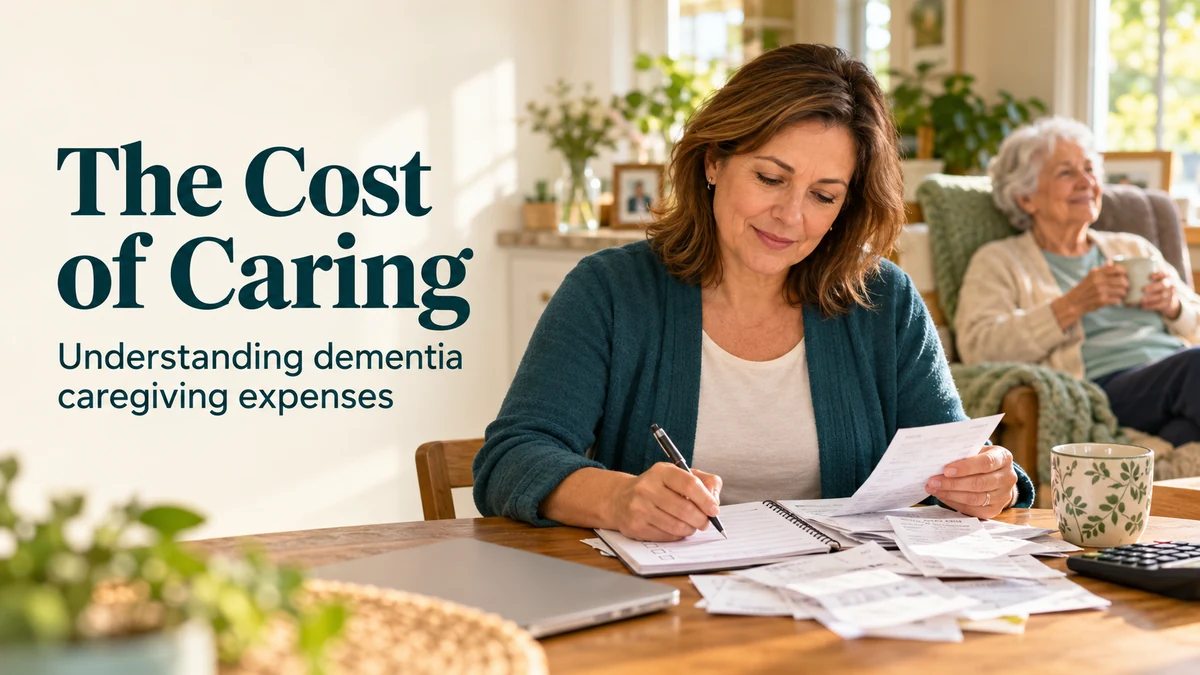 AI-generated illustration of a caregiver reviewing receipts at a kitchen table while an older adult relaxes nearby, with the text “The Cost of Caring: Understanding dementia caregiving expenses.”