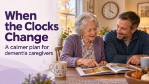 An older woman and a care partner look at a photo album beside a wall clock. Text: When the Clocks Change — A calmer plan for dementia caregivers.