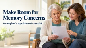 Illustration of an older woman and a care partner reviewing a checklist. Text: Make Room for Memory Concerns — A caregiver’s appointment checklist.
